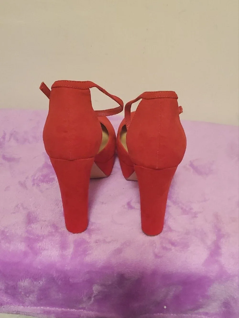 Shoe Dazzle Red Suede Ankle-Strap Platform Heels